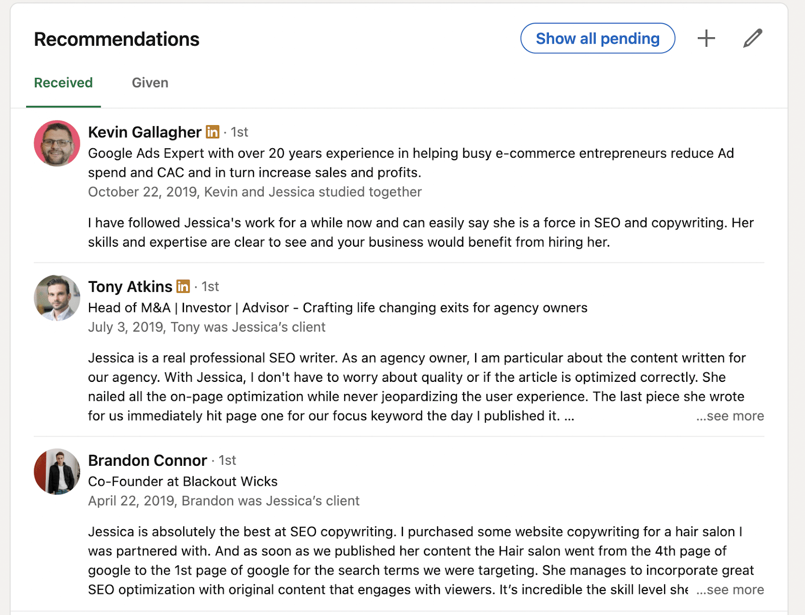 LinkedIn recommendations