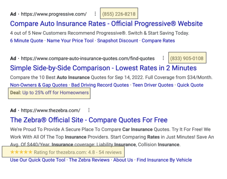 Google Ads results for "Auto insurance"
