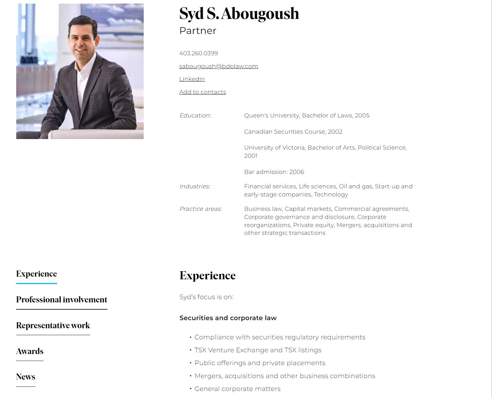 Person page from BD&P Law shows experience best practice.